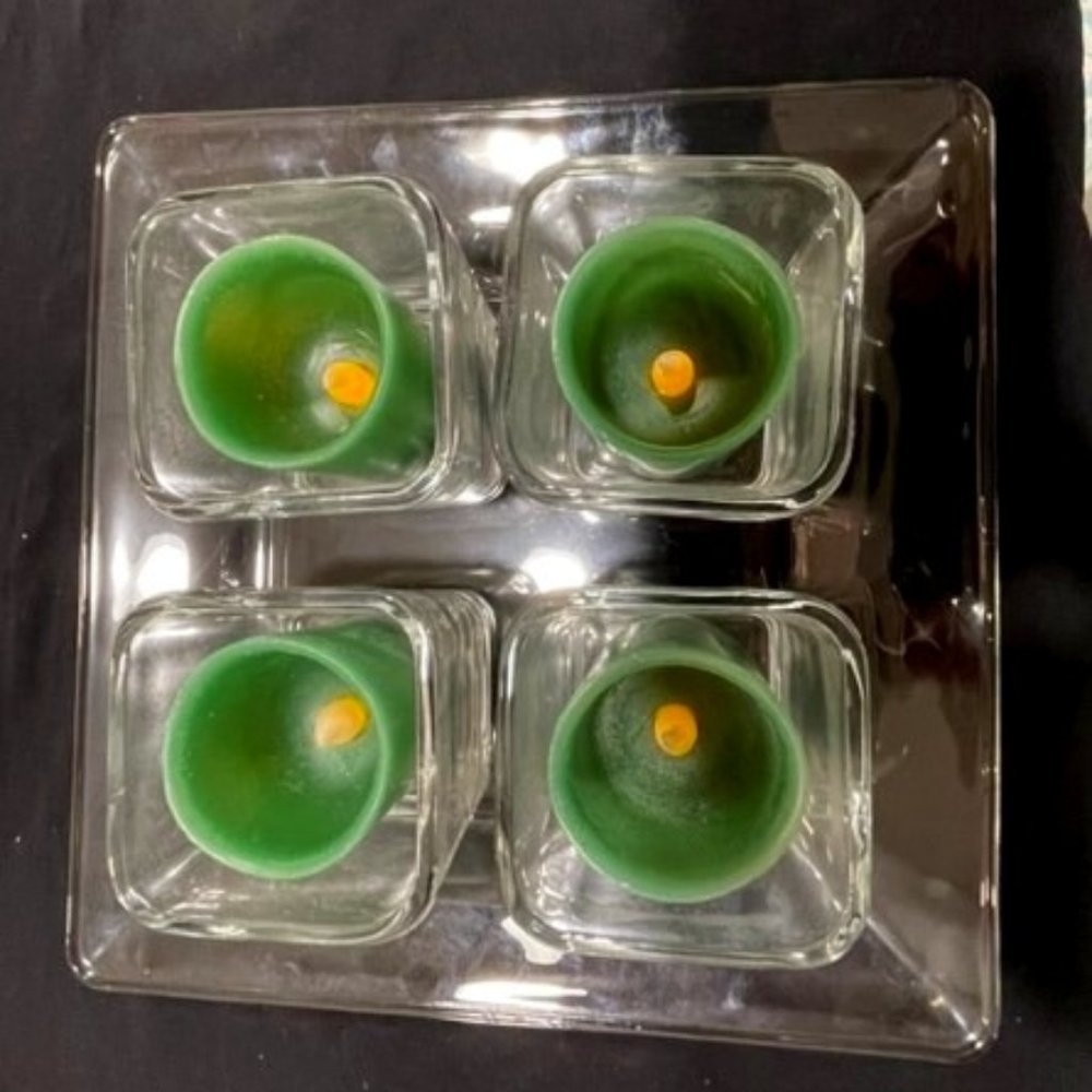 Clear Glass Square Dish Candle Holder w/4 small votive holders